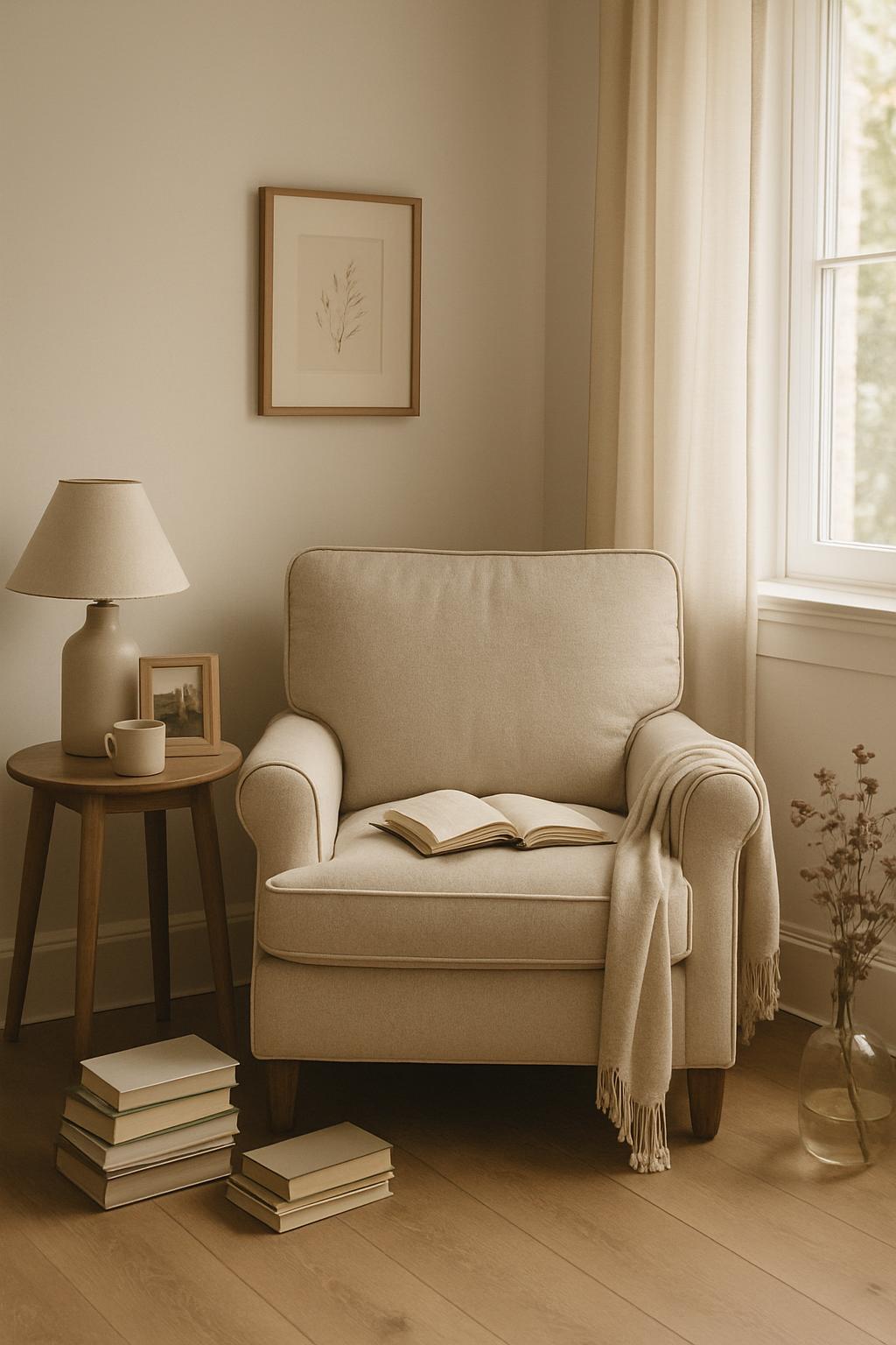 A cozy, neutral-toned room with a soft armchair, a stack of books to its side, and a lamp on a small table nearby, accompa...